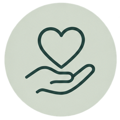 Ein dunkelgrünes Liniensymbol zeigt eine geöffnete Hand unter einem Herz, eingerahmt von einem hellen Kreis.