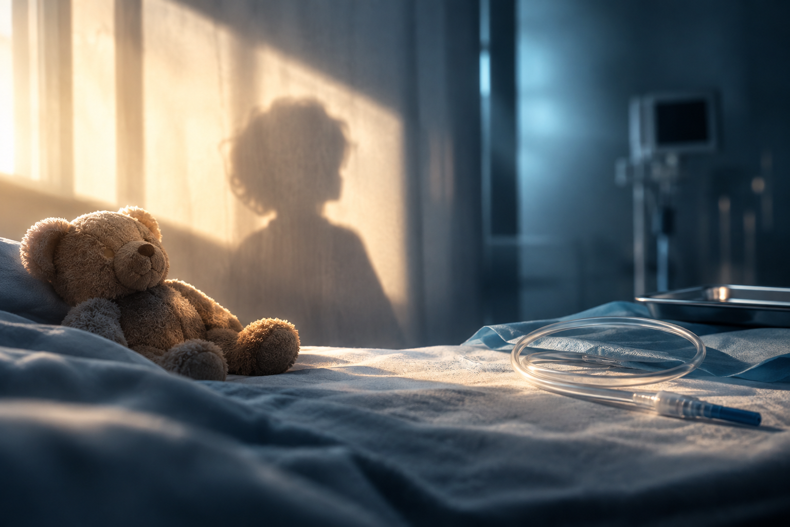 Ein Teddybär liegt auf einem Krankenhausbett; warmes Licht zeichnet den Schatten eines Kindes an die Wand.